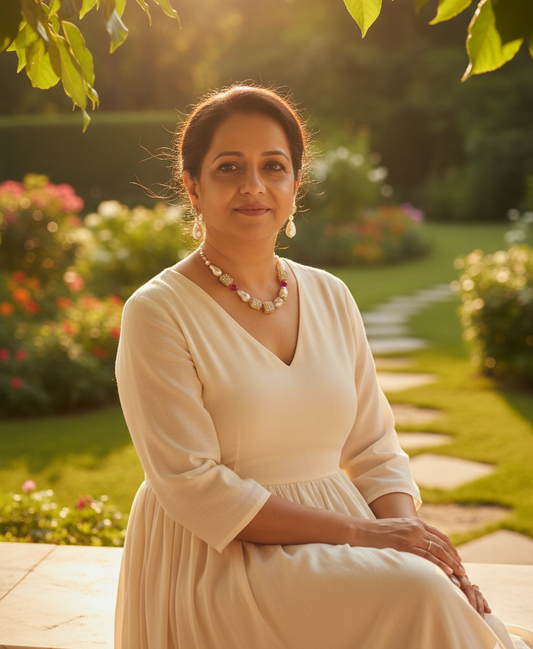 Prexela Royal Radiance Pearl & Ruby Crystal Necklace Set | Luxury Gold-Plated Jewellery for Women