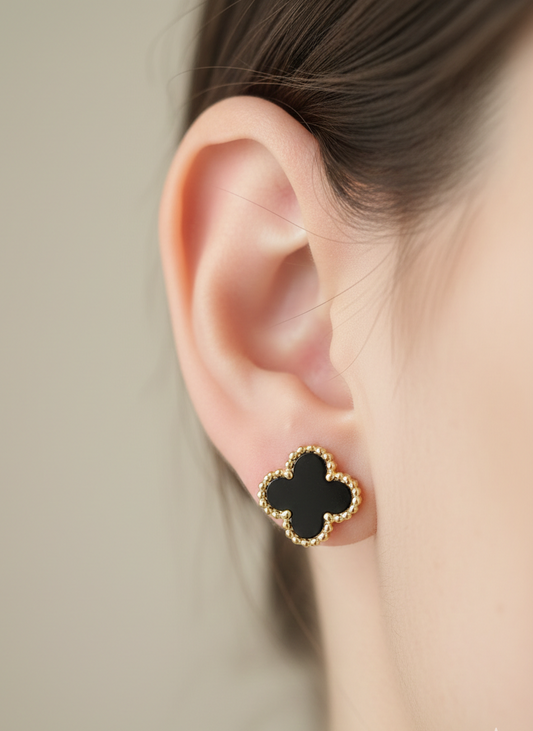 Black Enamel Clover Stud Earrings | 18k Gold-Tone Finish