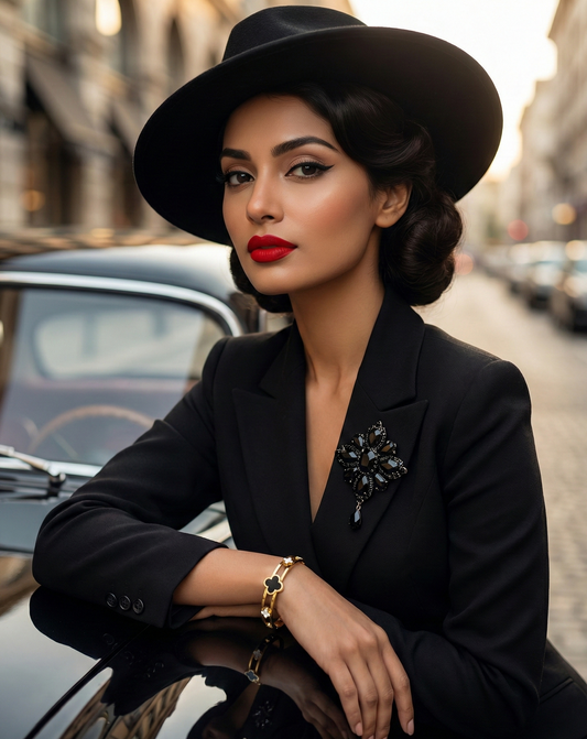 Woman in a black coat and hat leaning against a car on a city street.