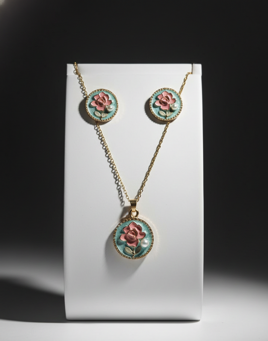 Jewelry set with floral designs on a white card against a black background