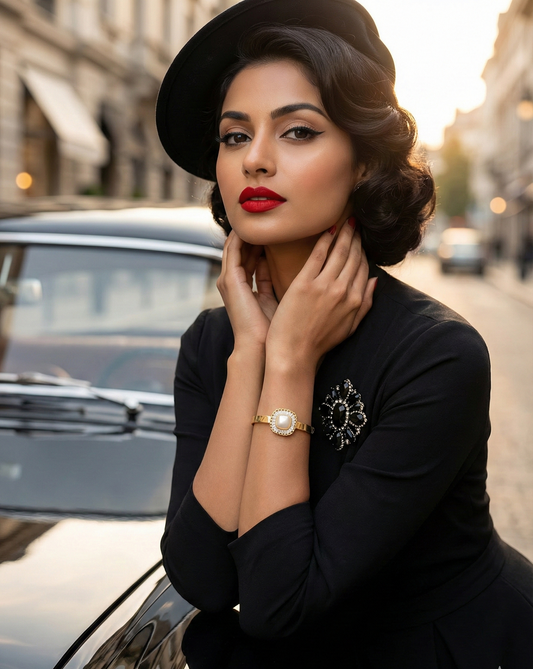 Woman in a black outfit with red lipstick standing in an urban setting