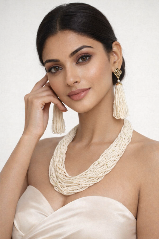 Maharani Ivory Cascade Pearl Necklace Set | Luxury Multi-Layer Traditional Jewellery for Women