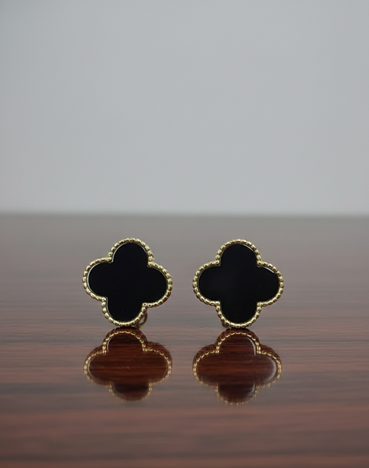 Black Enamel Clover Stud Earrings | 18k Gold-Tone Finish