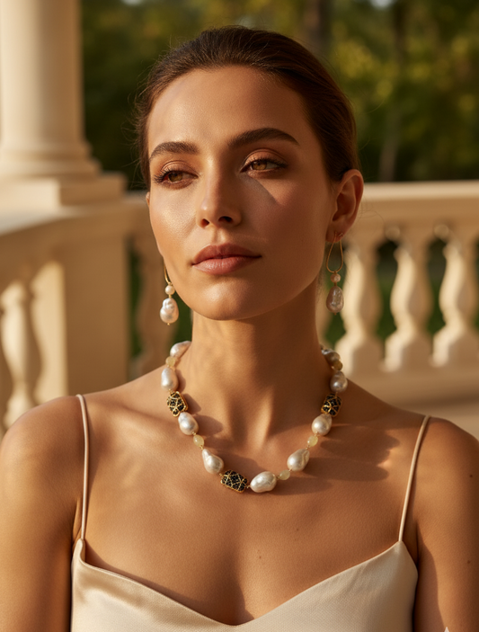 Prexela Noir Pearl Majesty Necklace Set | Luxury Baroque Pearl & Enamel Gold-Plated Jewellery for Women