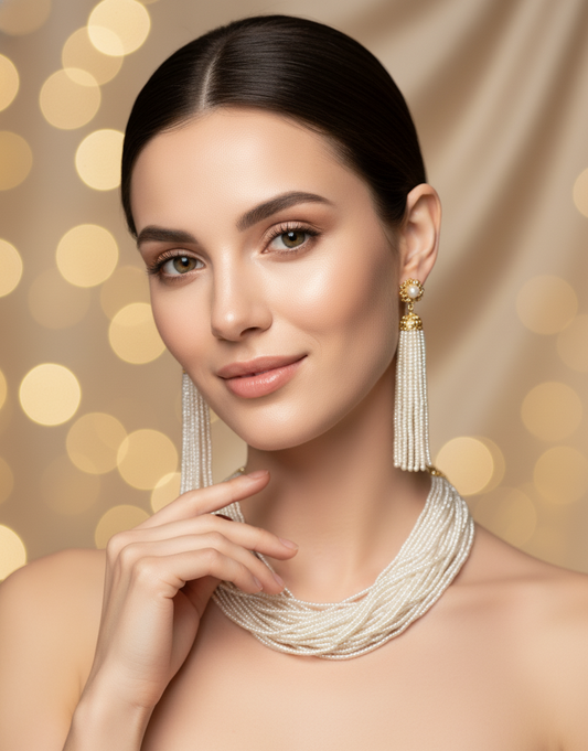 Prexela Maharani Ivory Cascade Pearl Necklace Set | Luxury Multi-Layer Traditional Jewellery for Women
