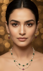 Prexela Royal Emerald & Ruby Pearl Layered Necklace Set | Luxurious Traditional Gold-tone Plated Jewellery