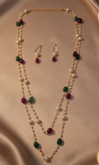 Prexela Royal Emerald & Ruby Pearl Layered Necklace Set | Luxurious Traditional Gold-tone Plated Jewellery