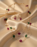 Prexela Royal Emerald & Ruby Pearl Layered Necklace Set | Luxurious Traditional Gold-tone Plated Jewellery
