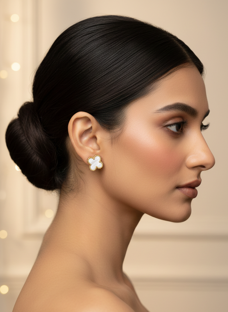 Ivory Clover Stud Earrings – Gold-Tone Finish