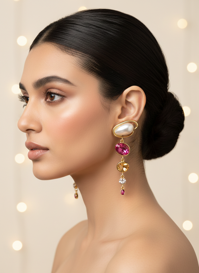 Pearl & Ruby Cascade Earrings – Grace That Descends in Gold