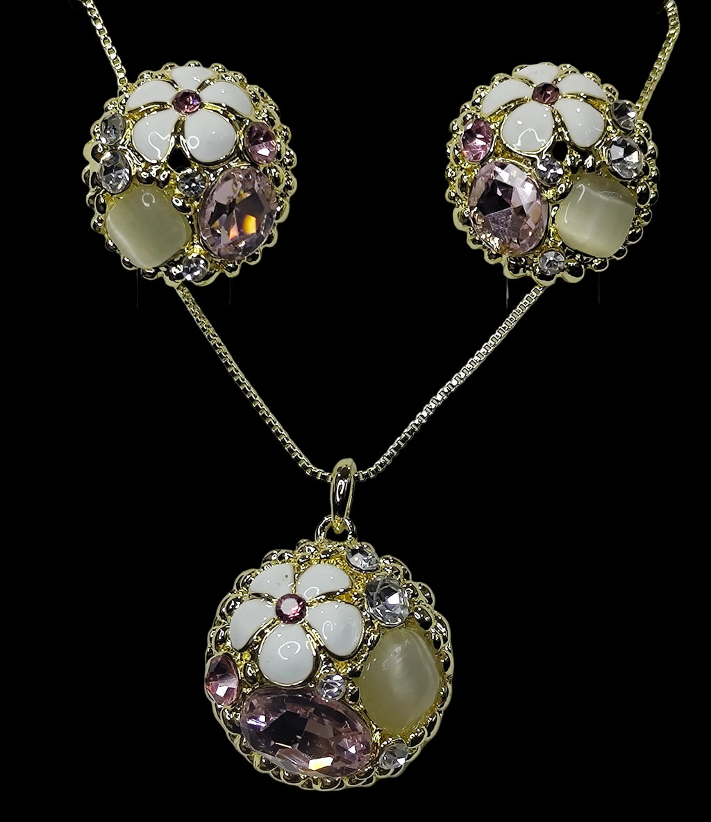 Floral Crystal Pendant Set – Gold-Tone Finish
