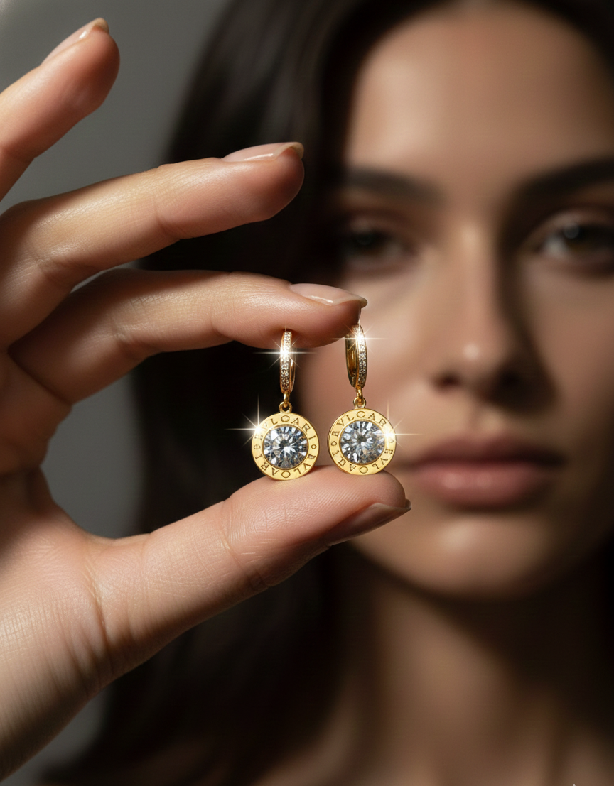 Prexela 'Round Crystal Drop' Huggie Earrings | 18k Gold-Tone Finish