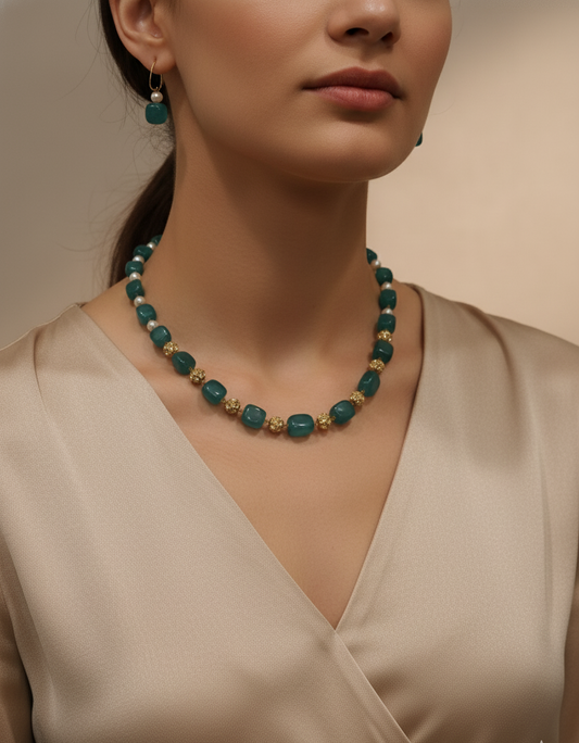 Prexela Emerald Royale Necklace Set | Luxury Green Beaded & Gold-Plated Traditional Jewellery for Women