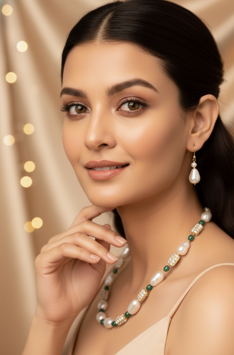 Prexela Royal Baroque Pearl & Emerald Crystal Necklace Set | Luxury Gold-Plated Traditional Jewellery for Women