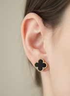 Black Enamel Clover Stud Earrings | 18k Gold-Tone Finish