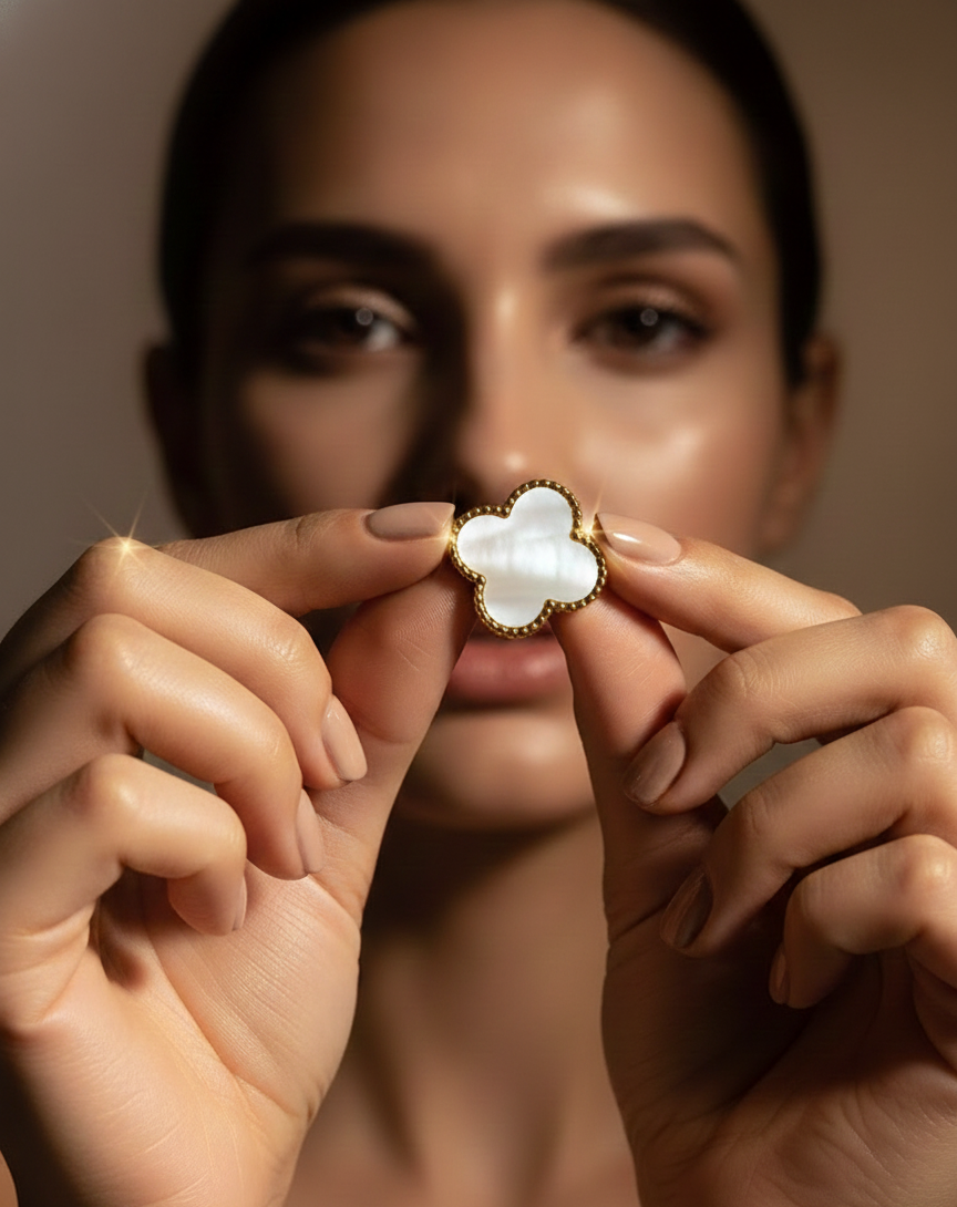 Prexela 'White Mother-of-Pearl' Clover Stud Earrings | 18k Gold-Tone Finish