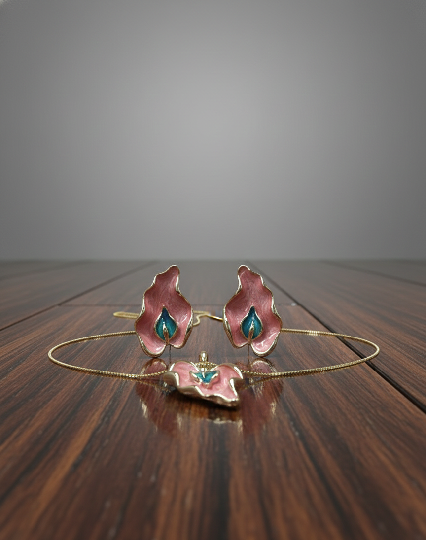 Pink Enamel Leaf Pendant Set | Gold-Tone Finish