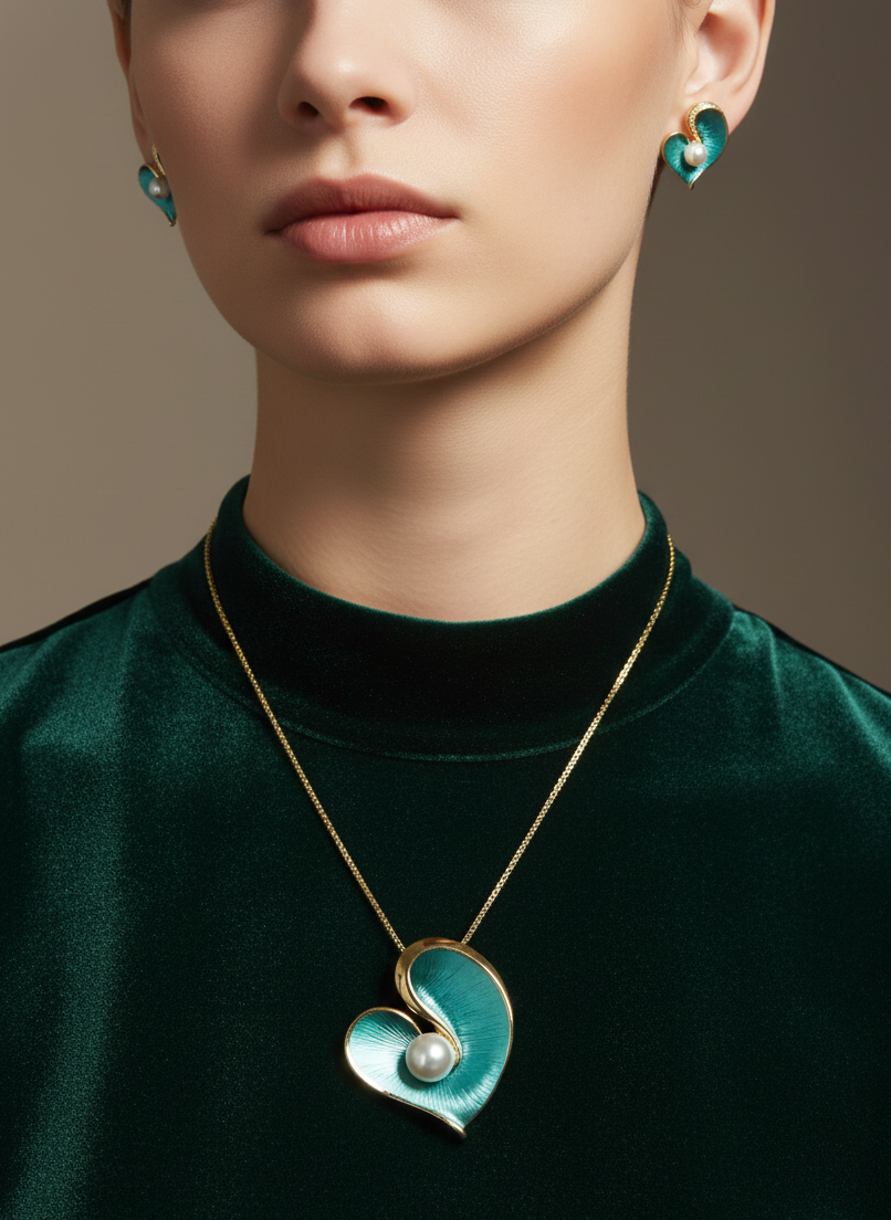 Enamel Heart Pearl Pendant Set | Gold-Tone Finish