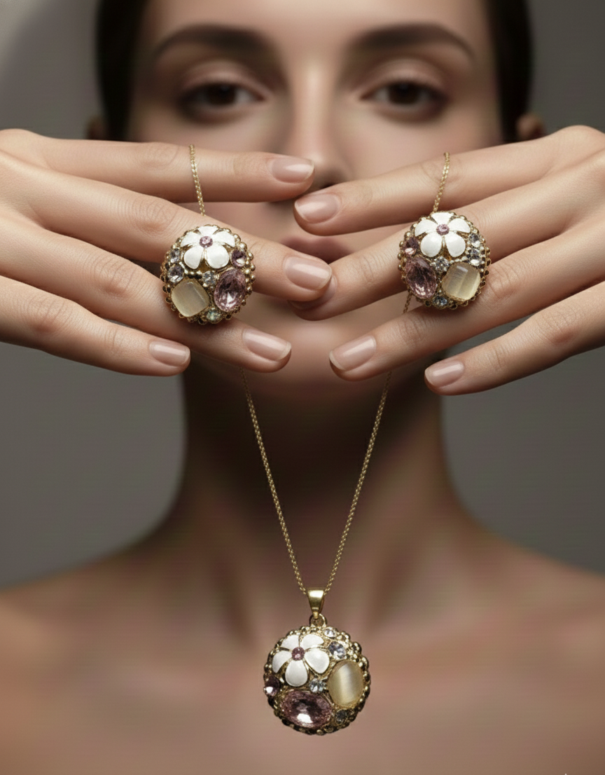 Floral Crystal Pendant Set – Gold-Tone Finish