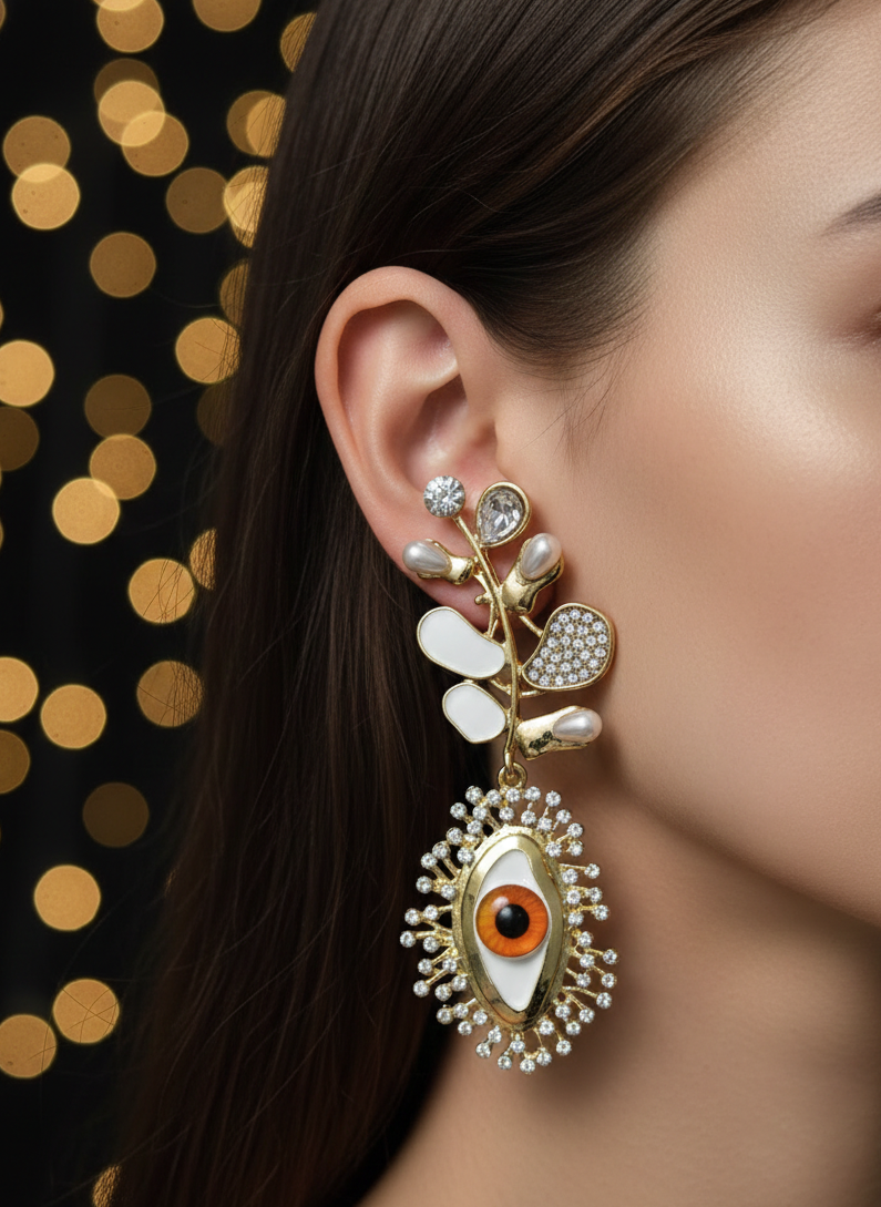 Evil Eye Leaf Drop Earrings | Protective Luxury Statement Jewellery