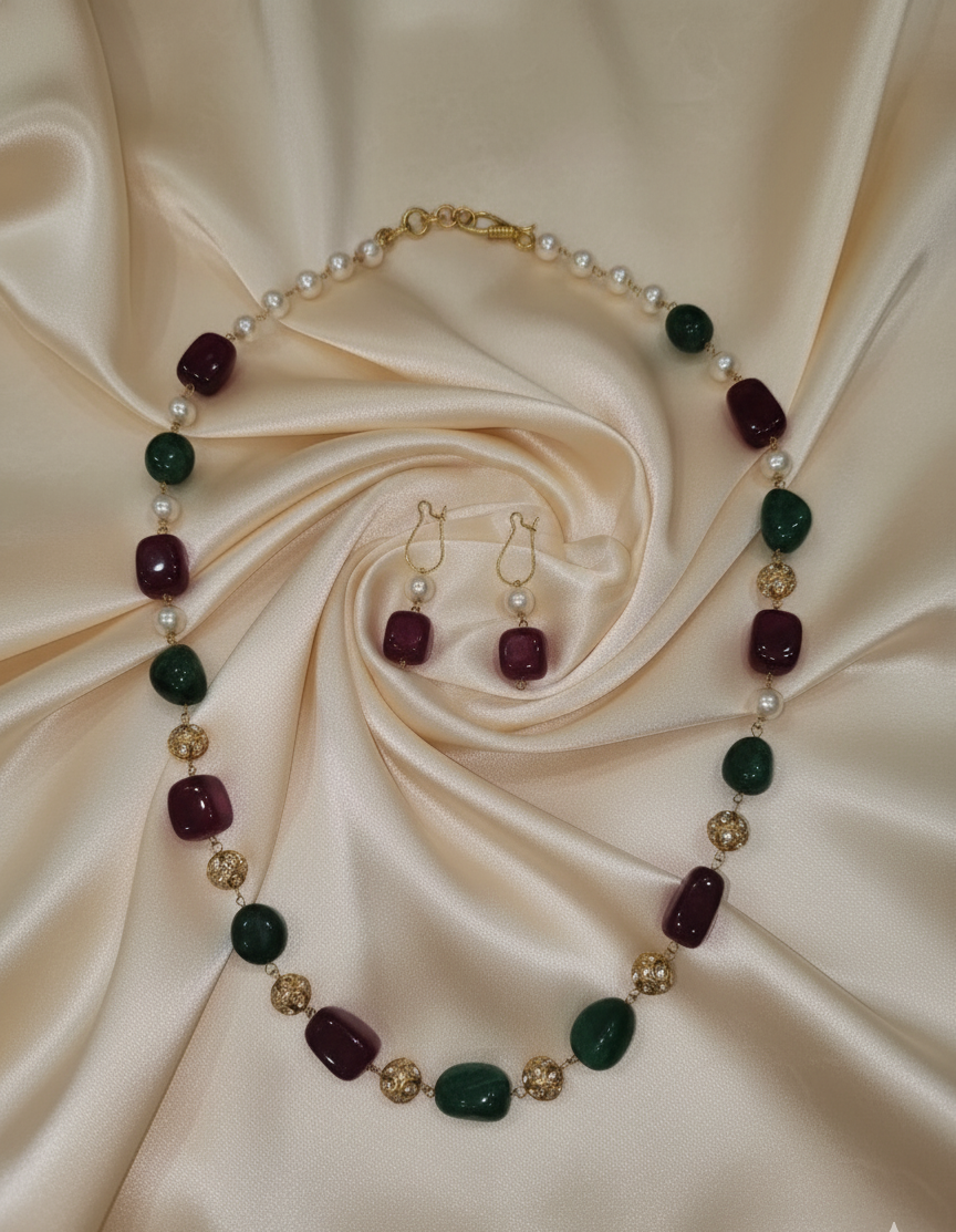 Prexela Regal Harmony Ruby & Emerald Pearl Necklace Set | Luxury Gold-Plated Traditional Jewellery for Women
