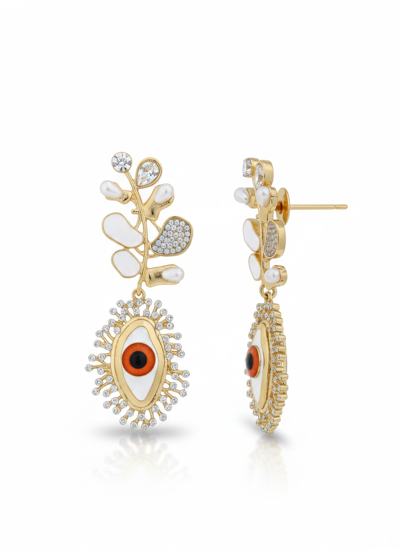 Evil Eye Leaf Drop Earrings | Protective Luxury Statement Jewellery