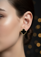 Black Enamel Clover Stud Earrings | 18k Gold-Tone Finish