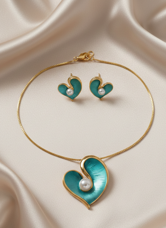 Enamel Heart Pearl Pendant Set | Gold-Tone Finish