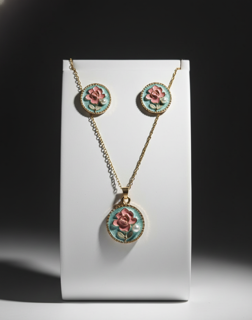 Jewelry set with floral designs on a white card against a black background