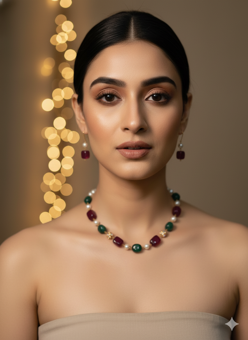Prexela Regal Harmony Ruby & Emerald Pearl Necklace Set | Luxury Gold-Plated Traditional Jewellery for Women
