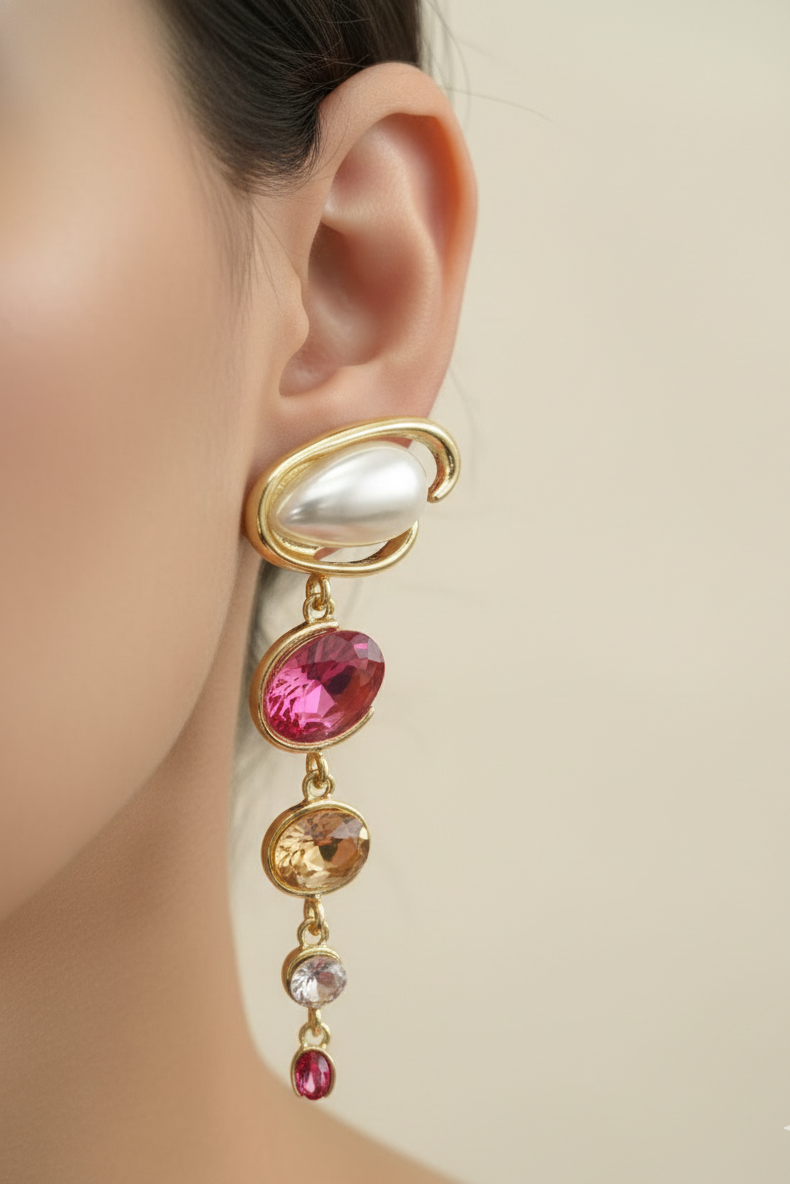 Pearl & Ruby Cascade Earrings – Grace That Descends in Gold