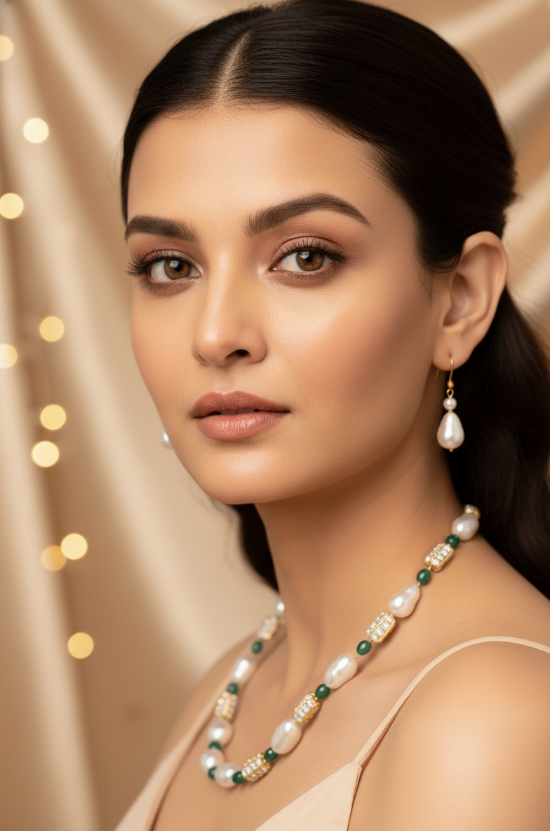 Prexela Royal Baroque Pearl & Emerald Crystal Necklace Set | Luxury Gold-Plated Traditional Jewellery for Women