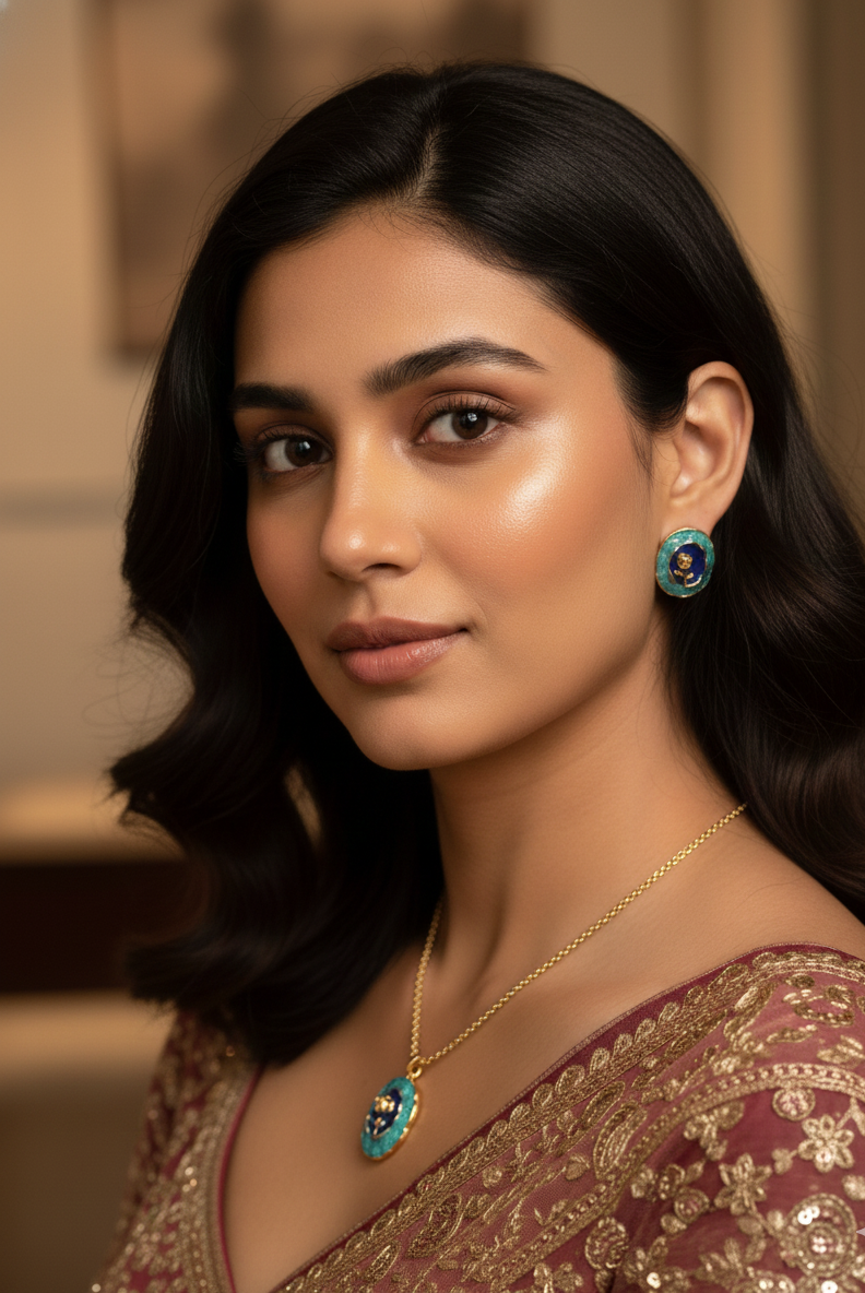Woman wearing a gold necklace and earrings with a blurred background