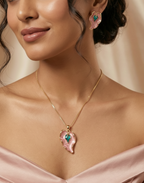 Pink Enamel Leaf Pendant Set | Gold-Tone Finish