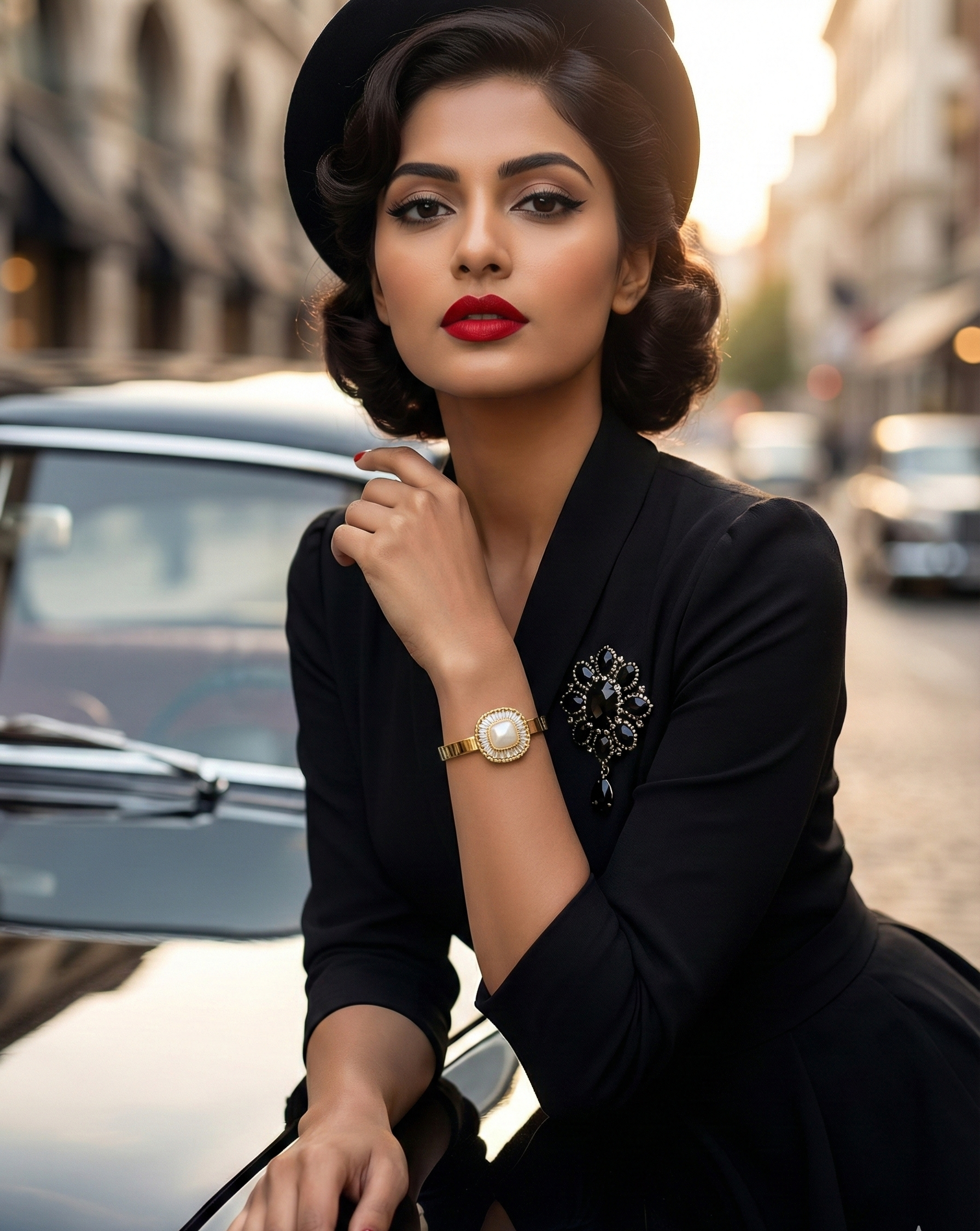 Woman in a black outfit with a brooch, sitting on a car in an urban setting.