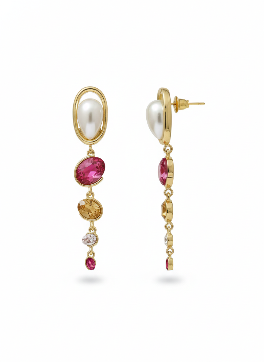 Pearl & Ruby Cascade Earrings – Grace That Descends in Gold