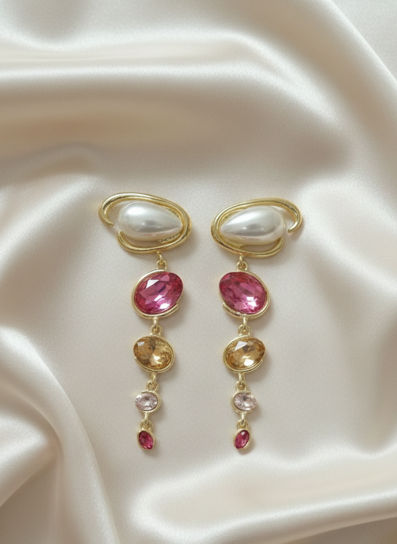 Pearl & Ruby Cascade Earrings – Grace That Descends in Gold