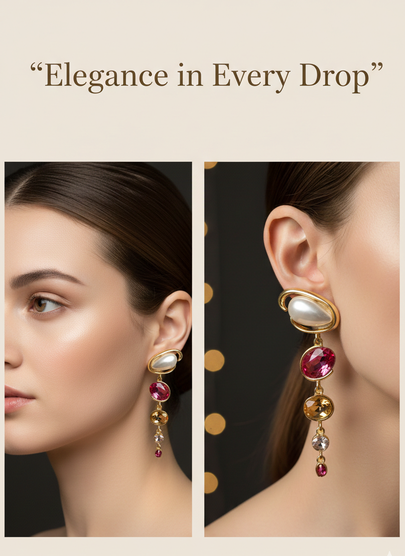 Pearl & Ruby Cascade Earrings – Grace That Descends in Gold