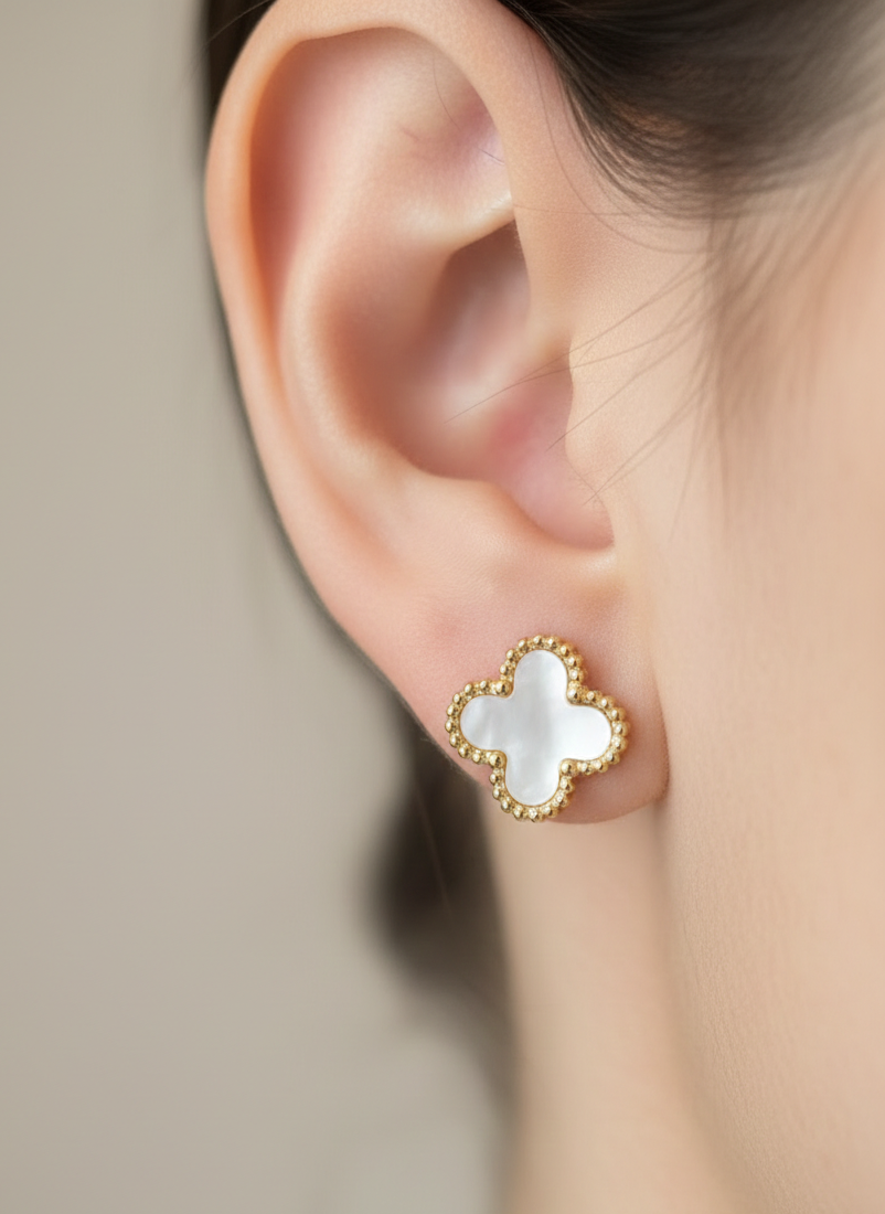 Ivory Clover Stud Earrings – Gold-Tone Finish