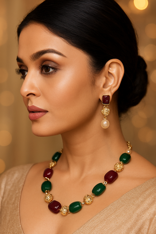 Prexela Regal Harmony Ruby & Emerald Pearl Necklace Set | Luxury Gold-Plated Traditional Jewellery for Women