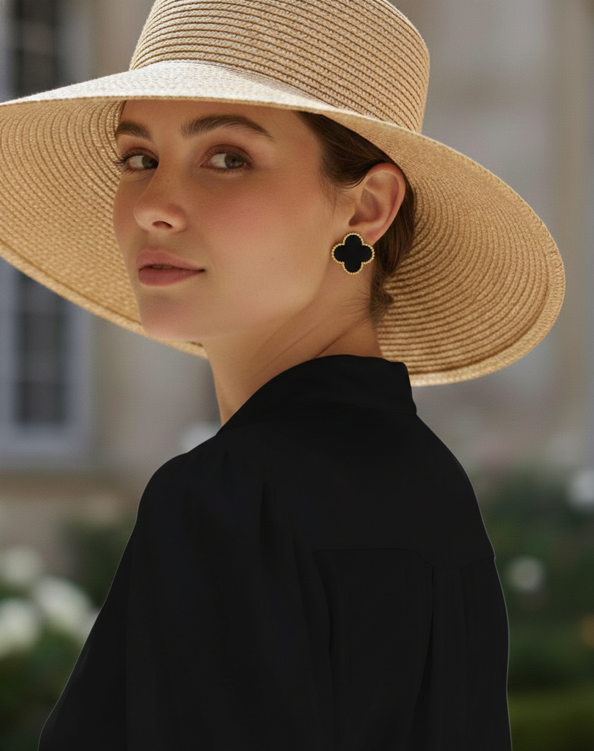 Black Enamel Clover Stud Earrings | 18k Gold-Tone Finish