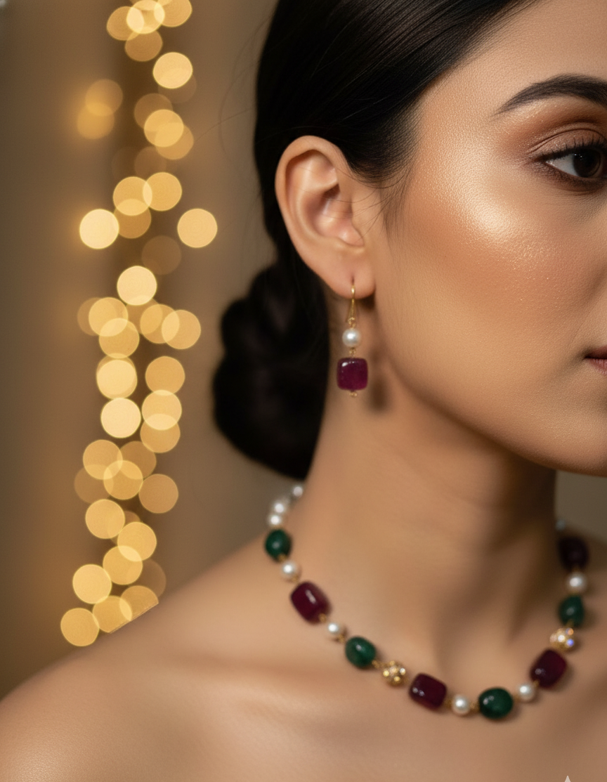 Prexela Regal Harmony Ruby & Emerald Pearl Necklace Set | Luxury Gold-Plated Traditional Jewellery for Women