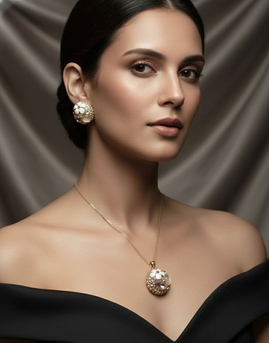 Floral Crystal Pendant Set – Gold-Tone Finish