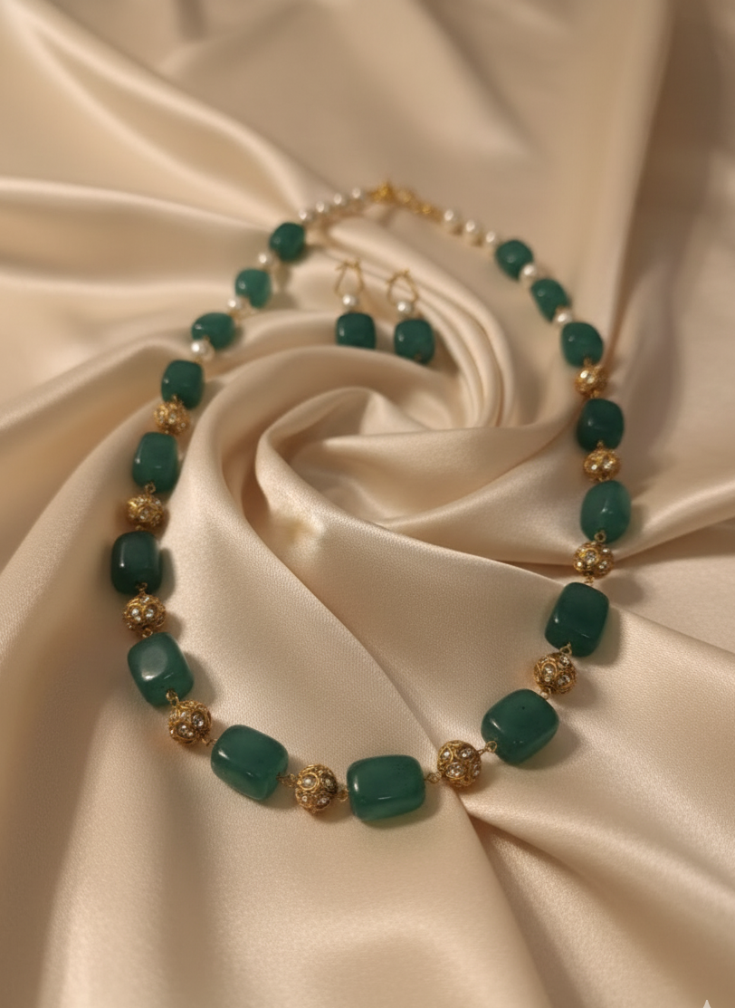 Prexela Emerald Royale Necklace Set | Luxury Green Beaded & Gold-Plated Traditional Jewellery for Women