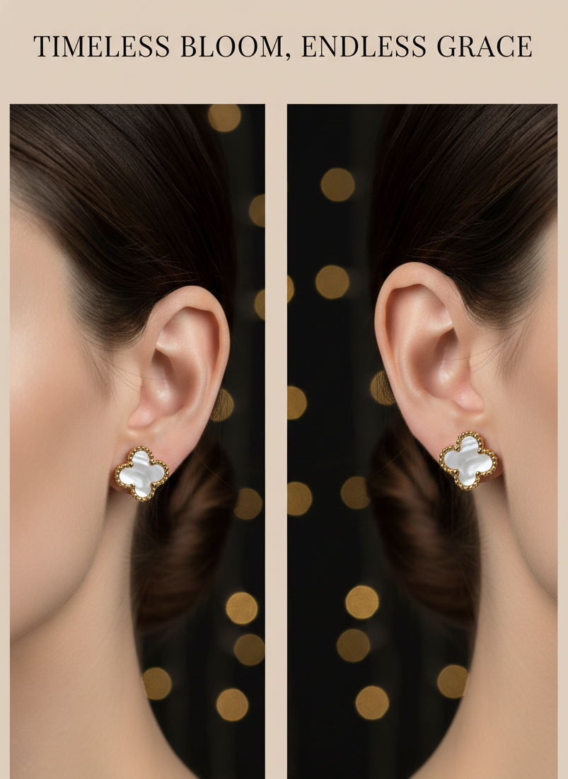 Ivory Clover Stud Earrings – Gold-Tone Finish