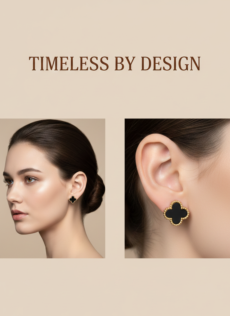 Black Enamel Clover Stud Earrings | 18k Gold-Tone Finish