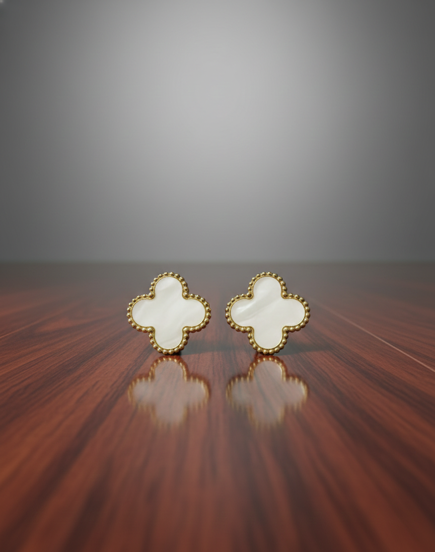 Prexela 'White Mother-of-Pearl' Clover Stud Earrings | 18k Gold-Tone Finish