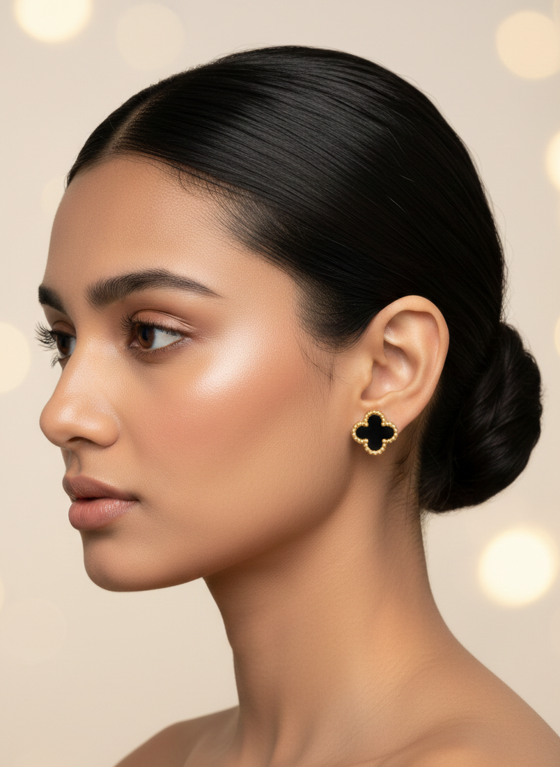 Black Enamel Clover Stud Earrings | 18k Gold-Tone Finish