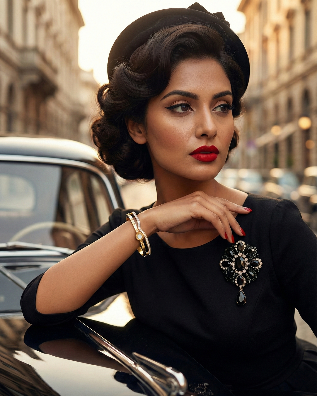 Woman in vintage attire with a brooch, sitting on a car in an urban setting