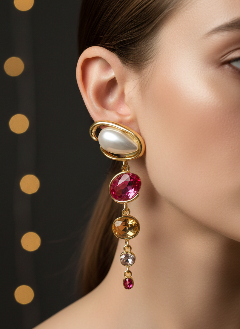 Pearl & Ruby Cascade Earrings – Grace That Descends in Gold